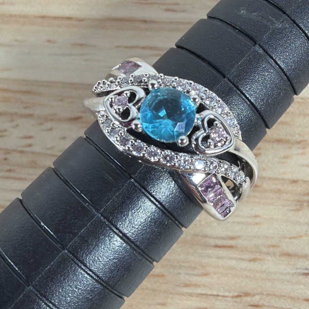 925 Sterling Silver Blue Oval Stone Pink Crystal Crossover Statement Ring Size 6